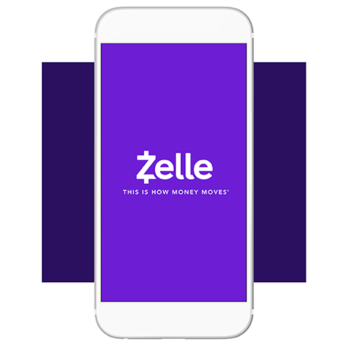 White Zelle logo with "This is how money moves" on purple smart phone and purple background.
